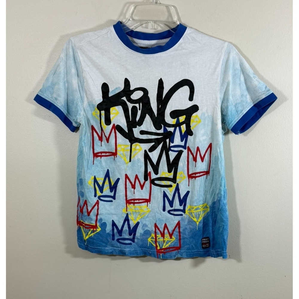 Phat Farm Graphic T-Shirt Boys Youth L Blue Crown Graffiti Y2K Streetwear